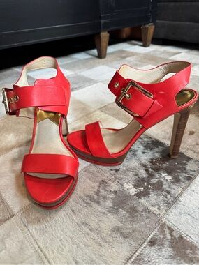 Michael Kors Red Leather High Heel Buckle Sandals
